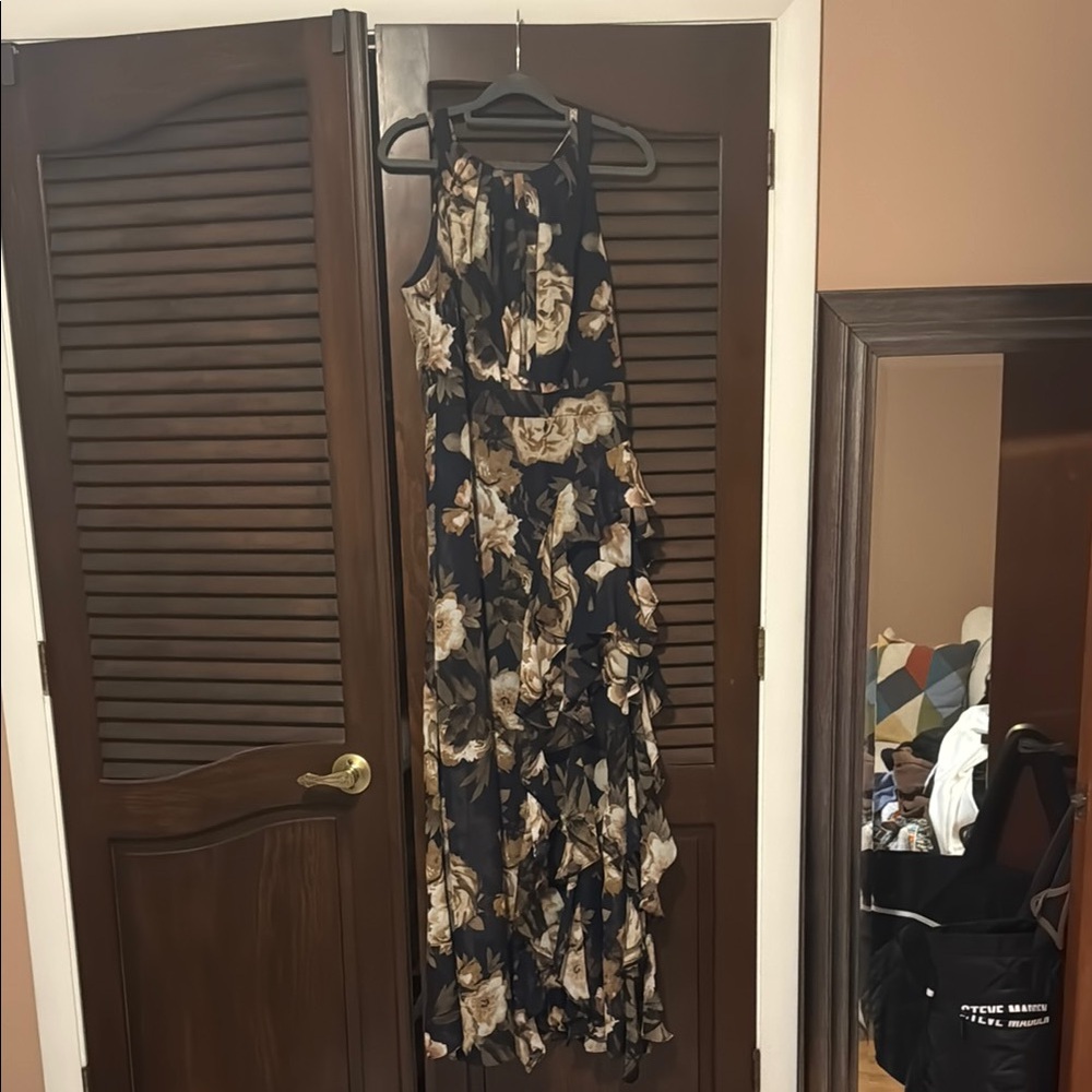 Betsy & Adam Blue and Cream Halter Maxi Dress